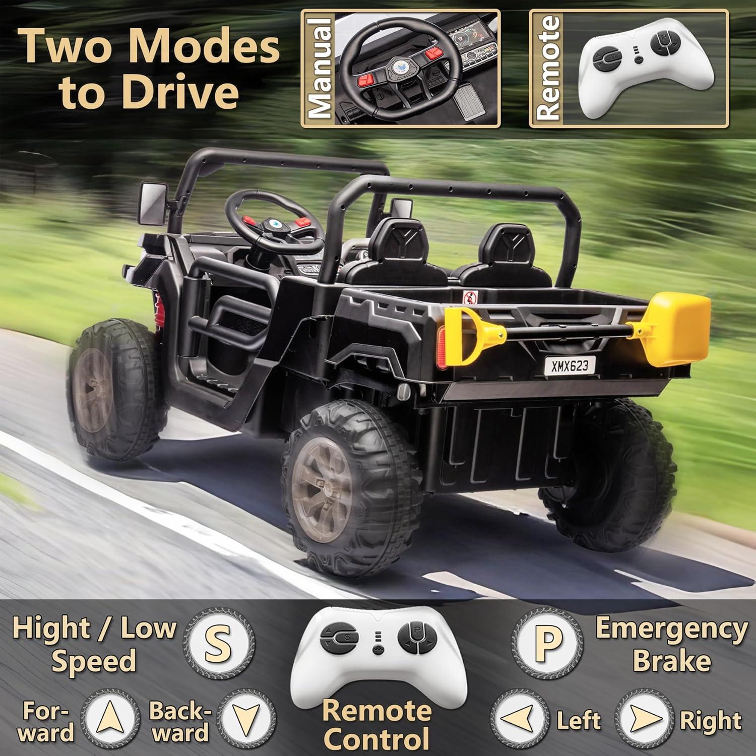 Xuanlur 24V 2 Seater Kids Ride on Car Truck, Ride on UTV W/ 2x200W Motor, 24 Volt Ride on Toys W/ Dump Bed/Shovel, Electric Car for Kids W/ Durable Tires, LED Light, Music, Remote Control, Blue