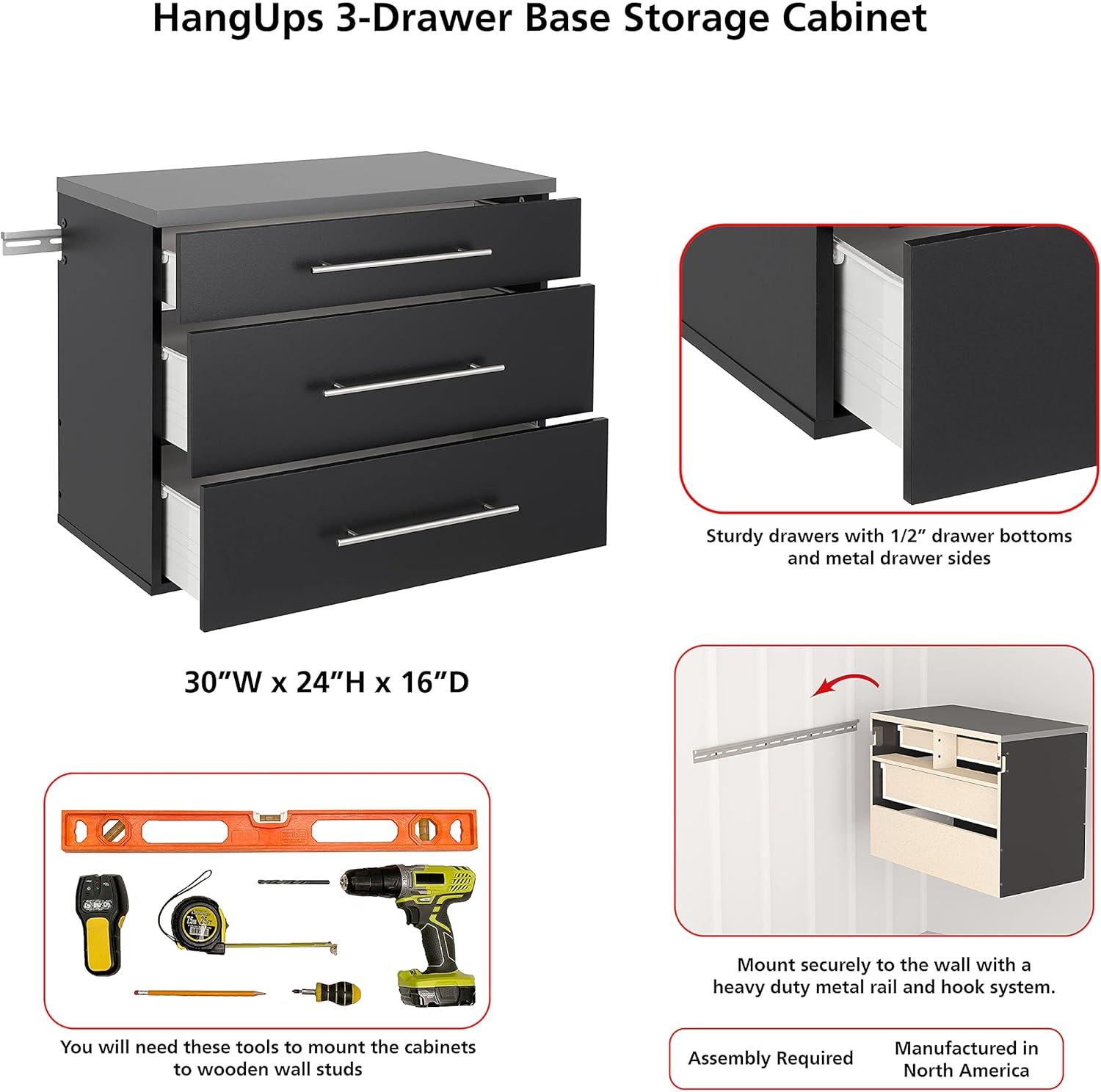 Versatile Wall-Mounted Black Laminated Composite Wood 3-Drawer Cabinet