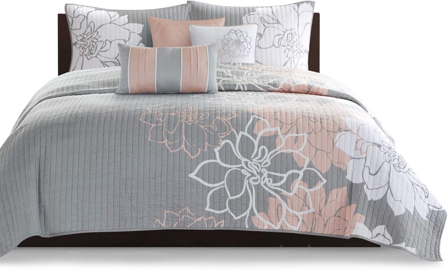 King Gray Floral Reversible Cotton Quilt Set