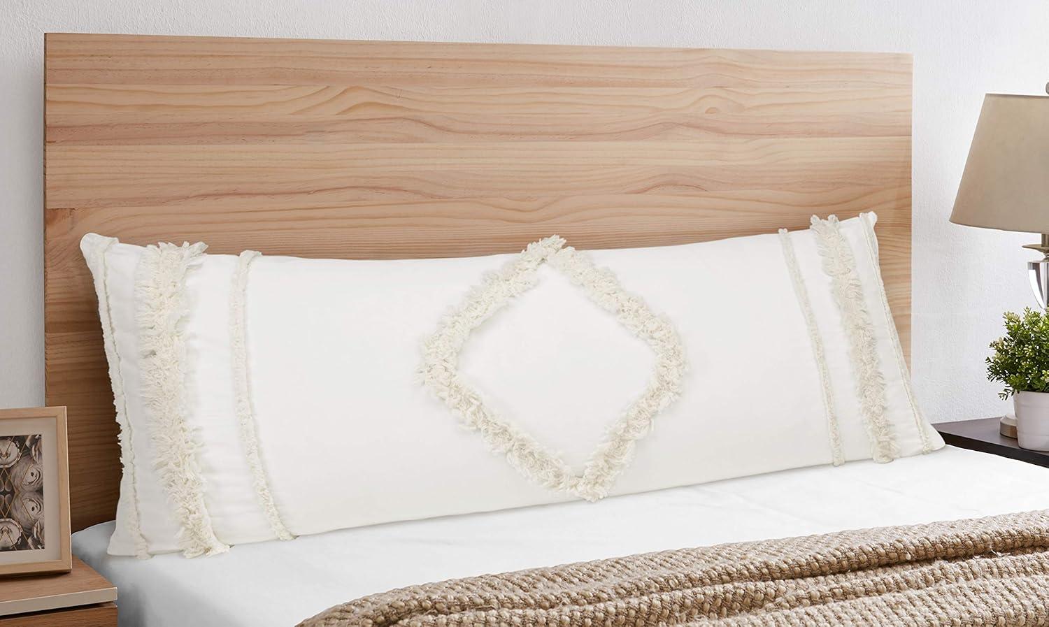 Ivory Cotton Diamond Tufted Body Pillow Cover with Fringe