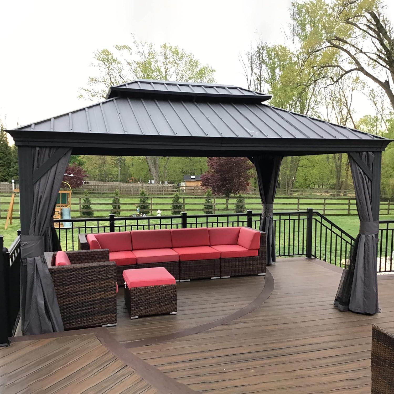 PURPLE LEAF 10' X 14' Permanent Hardtop Gazebo Aluminum Gazebo with Galvanized Steel Double Roof for Patio Lawn and Garden, Curtains and Netting Included, Gray