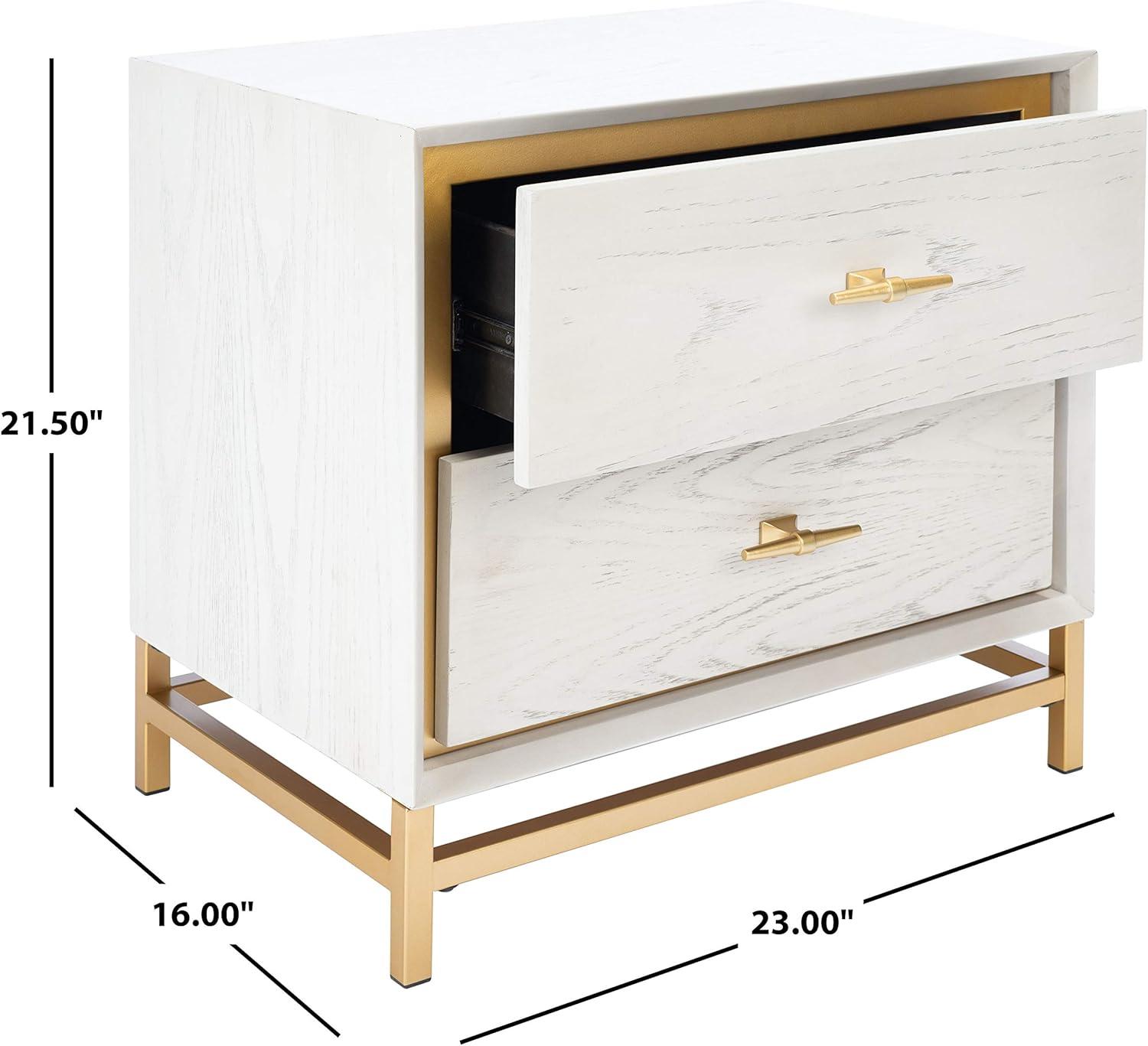 SAFAVIEH Fenno Glam 2 Drawer Nightstand, White Washed/Brass