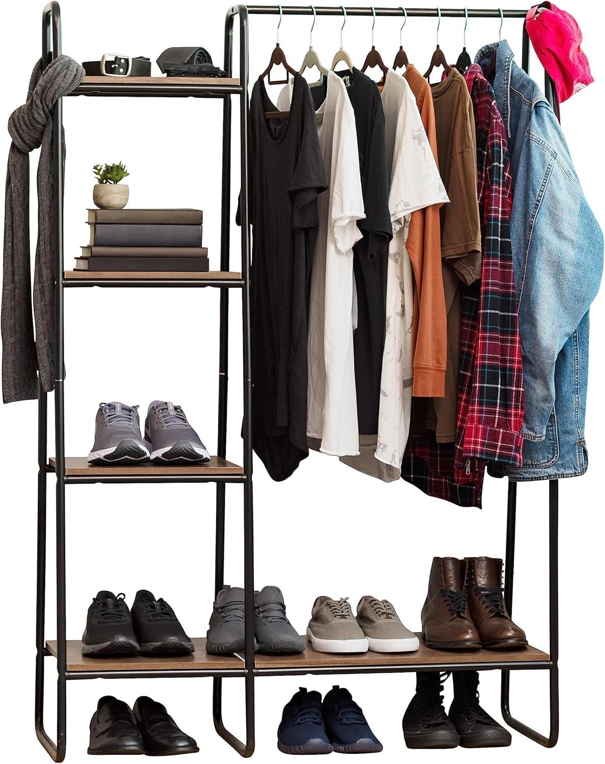 IRIS USA Garment Rack with Wooden Shelves for Hanging Clothes and Displaying Accessories Black and Dark Brown