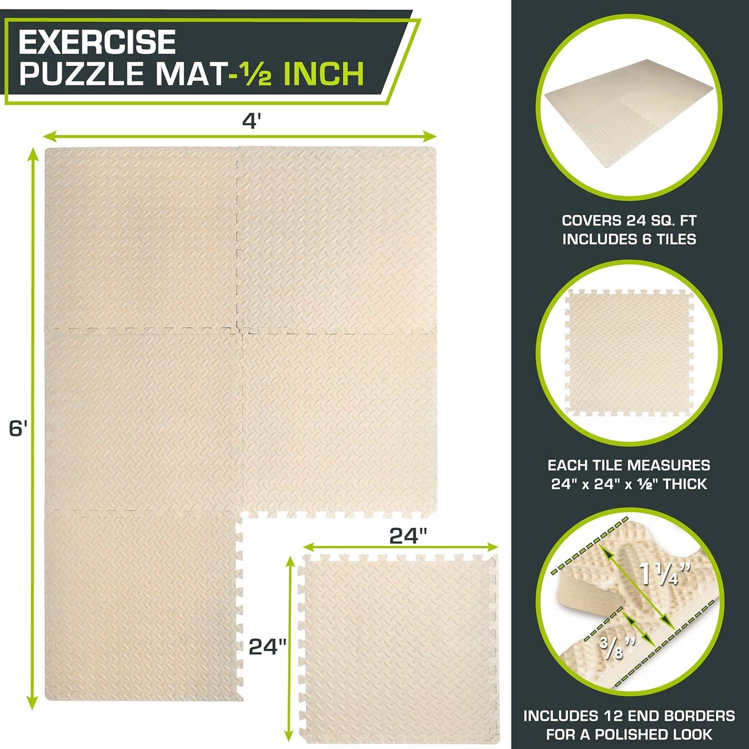 ProsourceFit Exercise Puzzle Mat 1/2-in, Beige, 24 Sq Ft - 6 Tiles