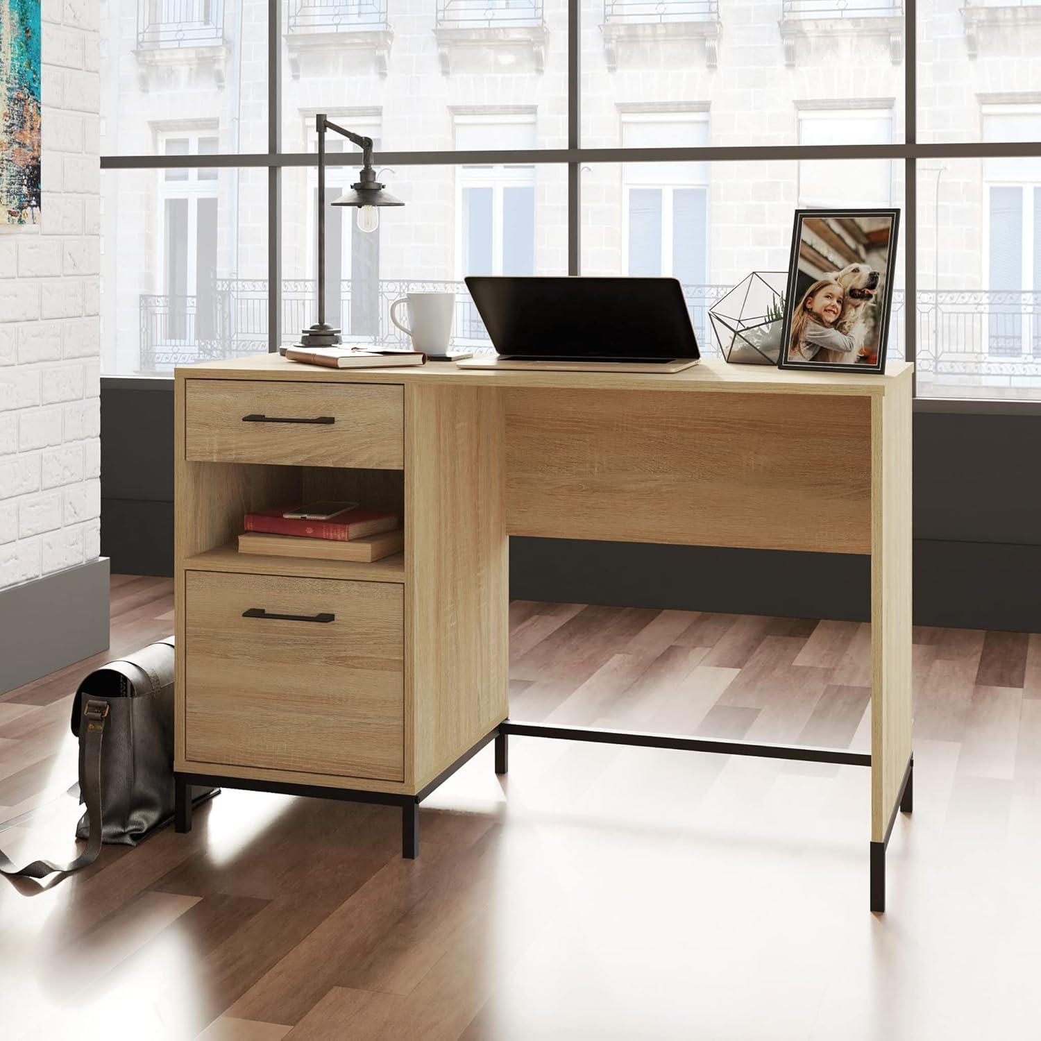 Charter Oak Finish Minimalist Home Office Desk with Drawers