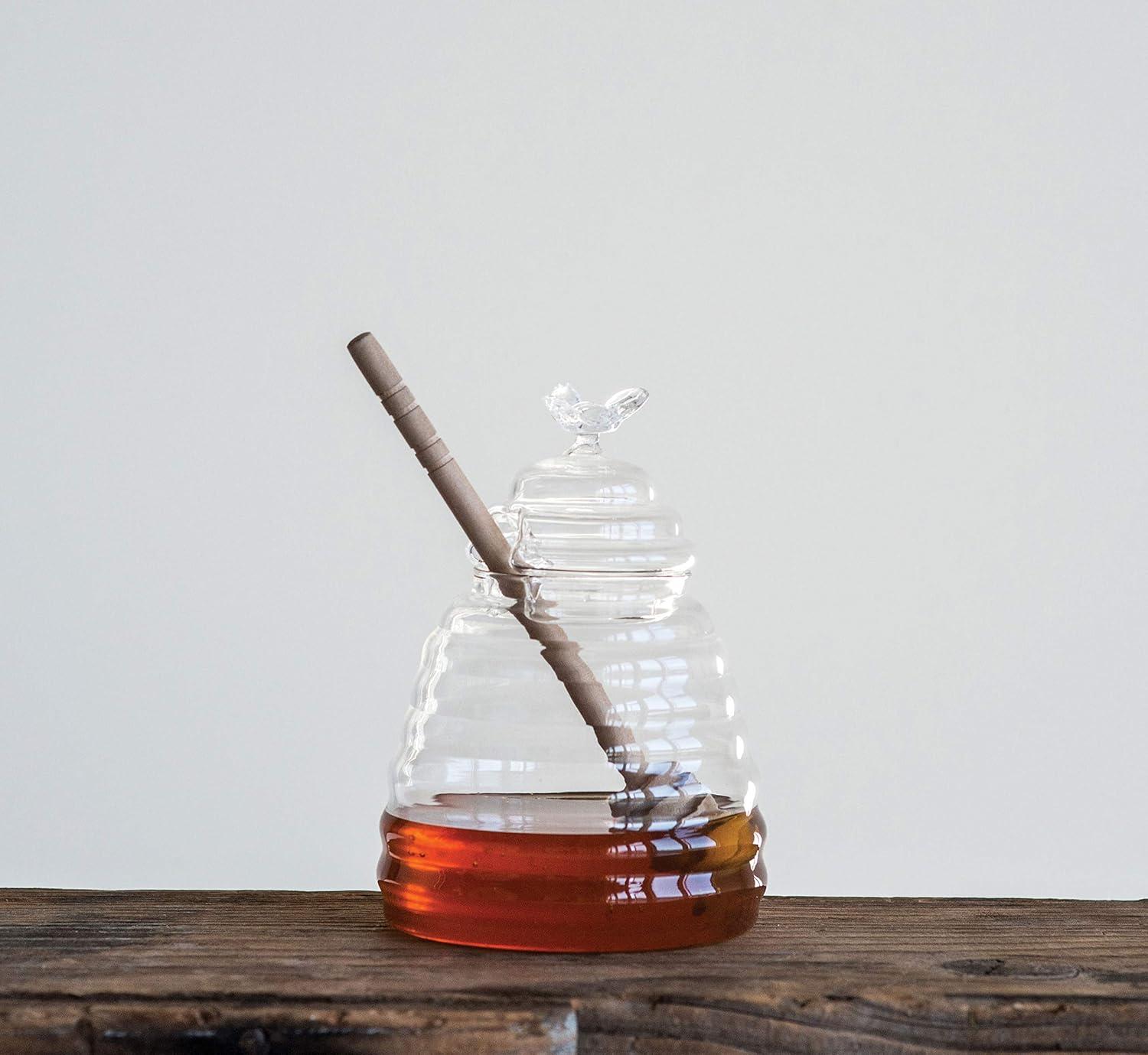 Creative Co-Op Clear Honey Pot with Lid & Bamboo Dipper (Set of 2 Pieces)