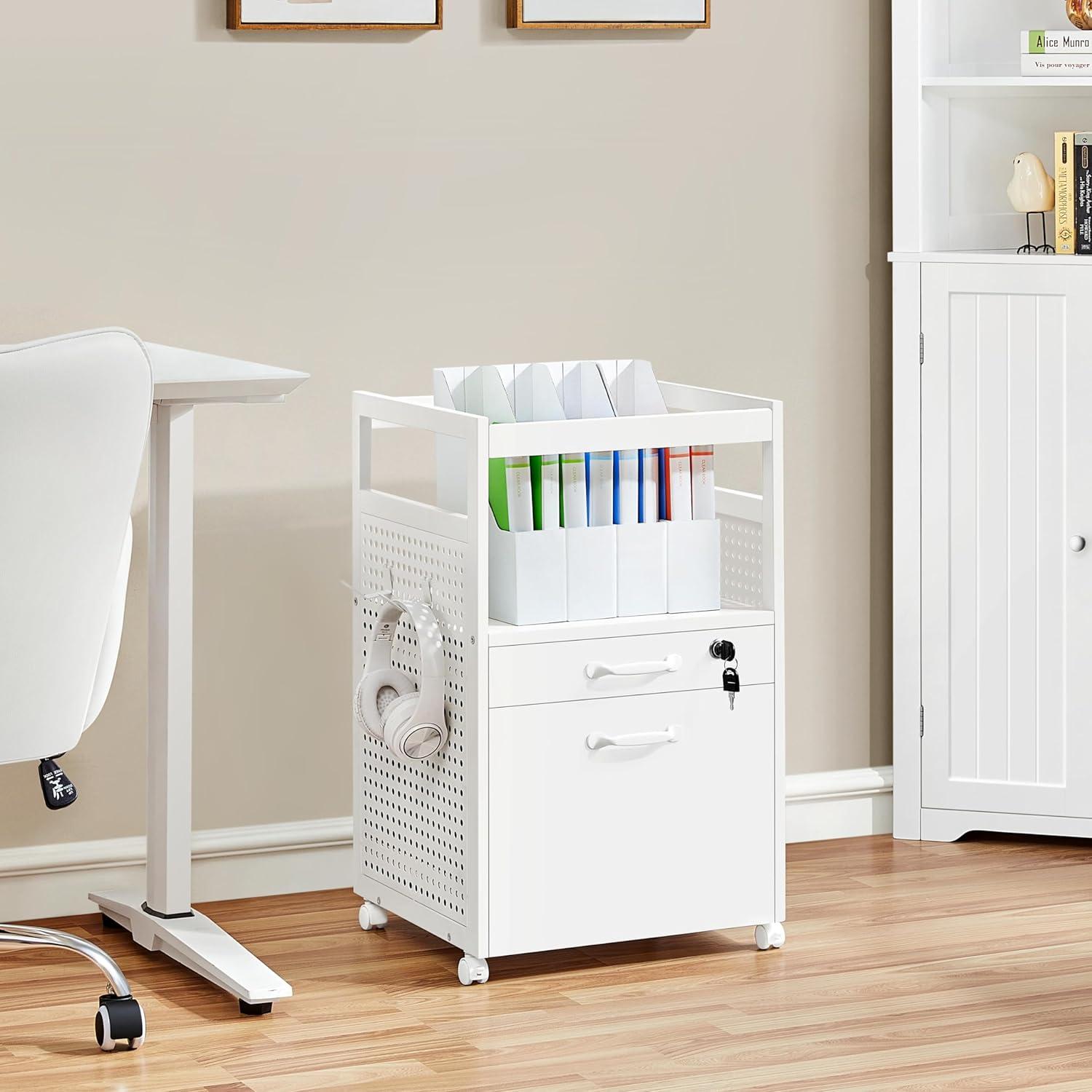 White Mobile Lockable 2-Drawer Filing Cabinet with Open Shelf