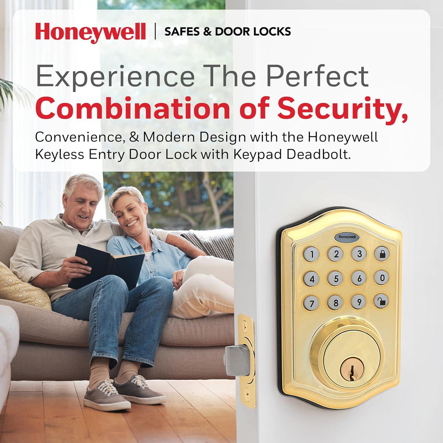 Honeywell Electronic Deadbolt- Polished Brass: Single Cylinder Door Lock, Steel & Plastic, Electric, Gold Finish