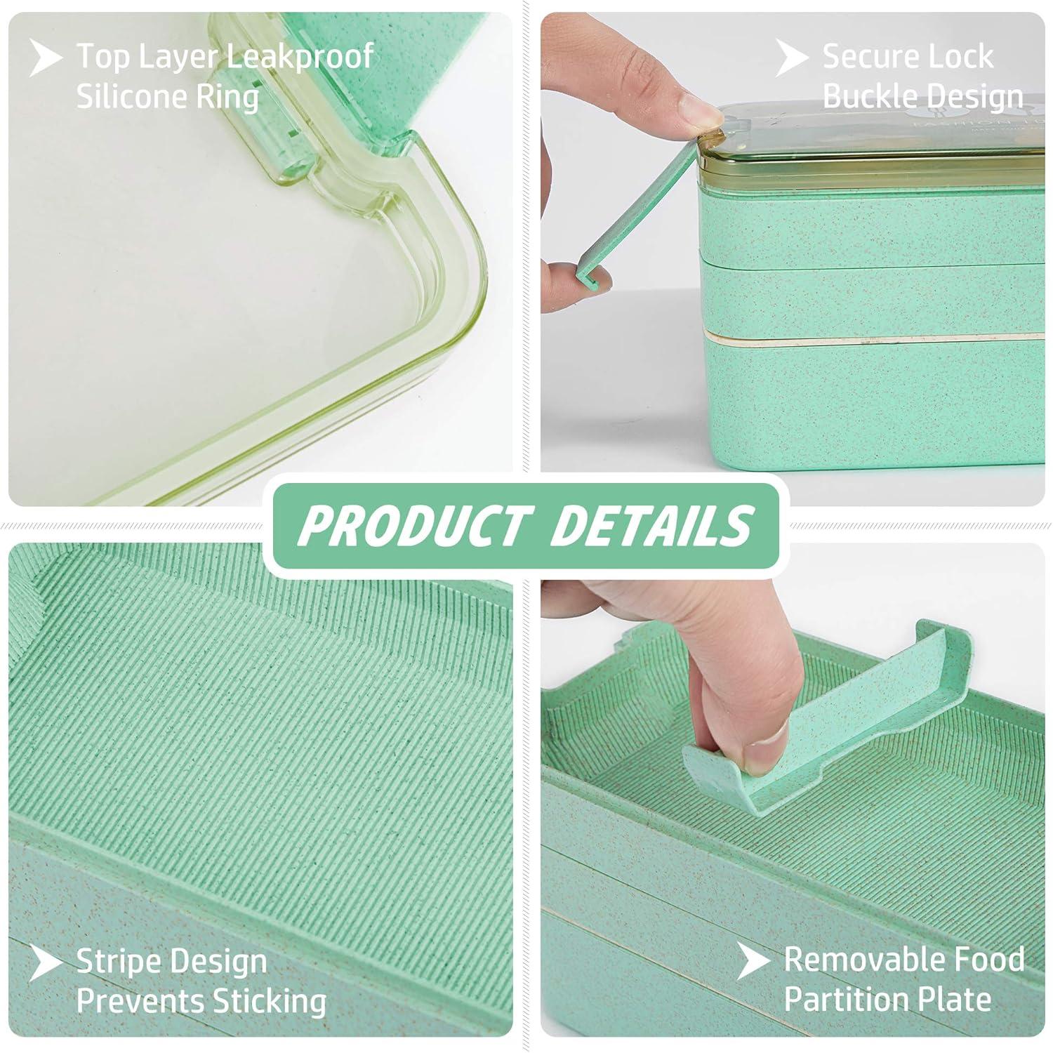 Bento Lunch Box 1100ml/38oz, 3-Layer Bento Box with Spoon & Fork for Kids Adult & Office Worker, BPA-Free Lunch Box Leak-Proof Food Containers with Bonus Lunch Bag(Green)