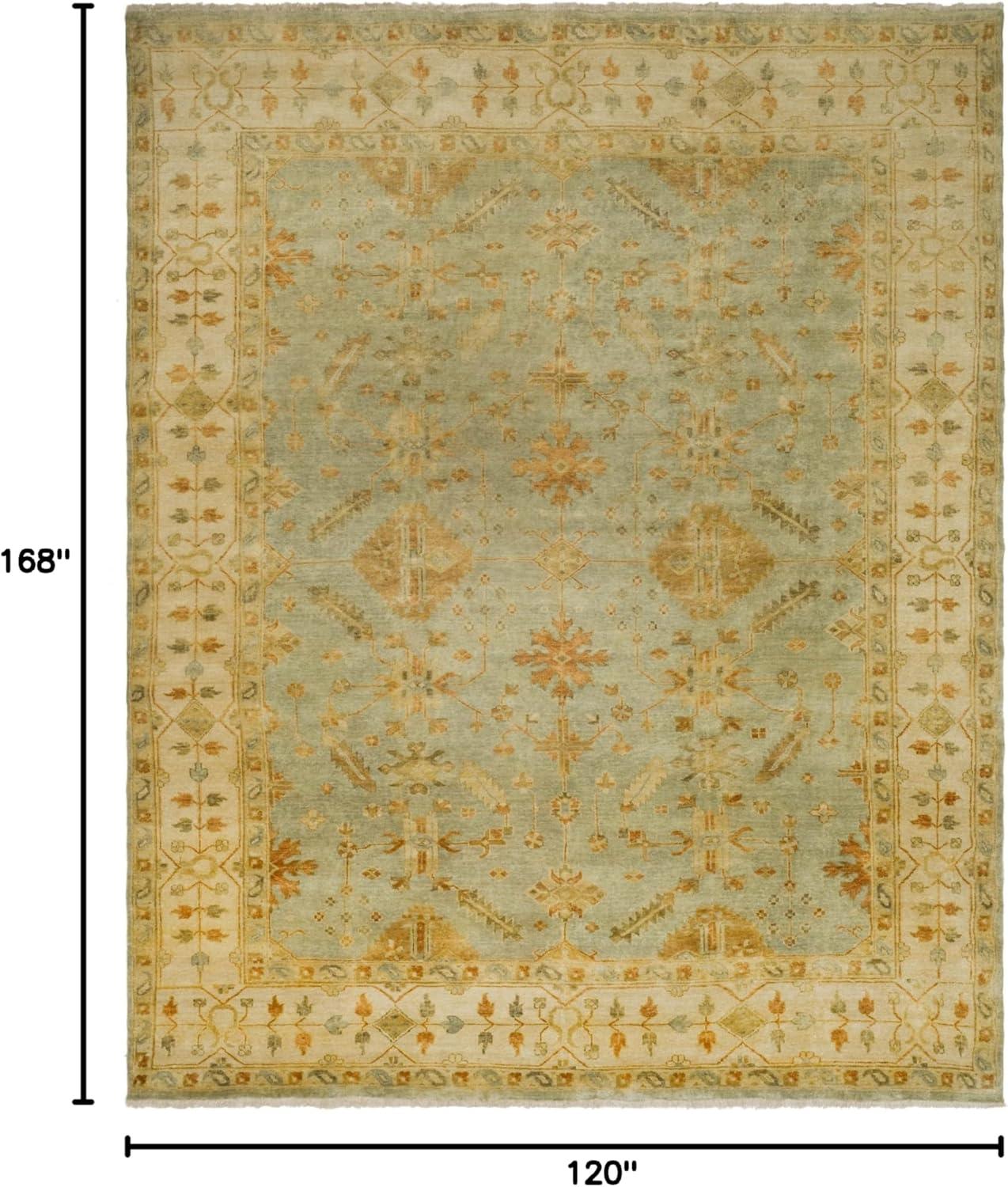 Hand-Knotted Ivory and Soft Green Wool 10' x 14' Rug