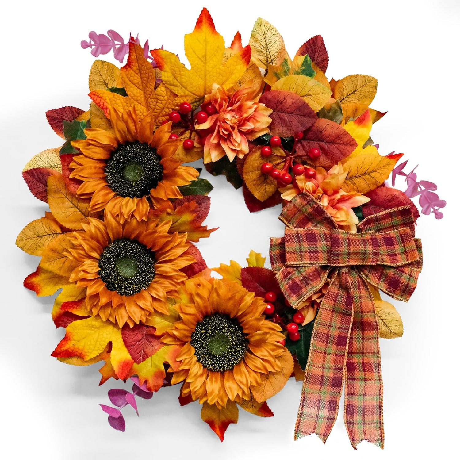 20-Inch Fall Harvest Wreath with Pine Cones and Pumpkins