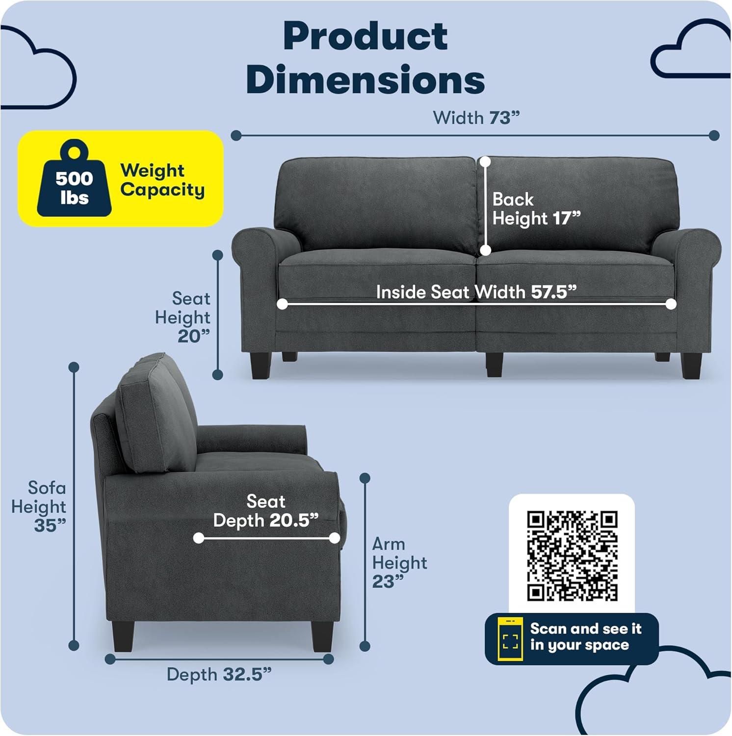 Serta Copenhagen 73" Rolled Arm Sofa, Easy Care Fabric, Soft Pillow Back, Pocket Coil Seat Cushions