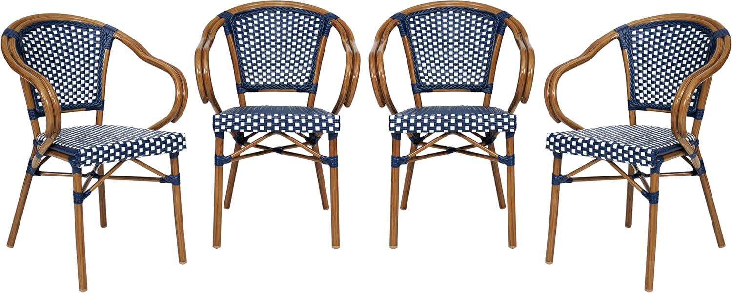 Flash Furniture 4 PK Bordeaux Indoor/Outdoor Commercial Bistro Stacking Chair w/ Arms, Navy & White PE Rattan & Bamboo Print Aluminum Frame in Natural