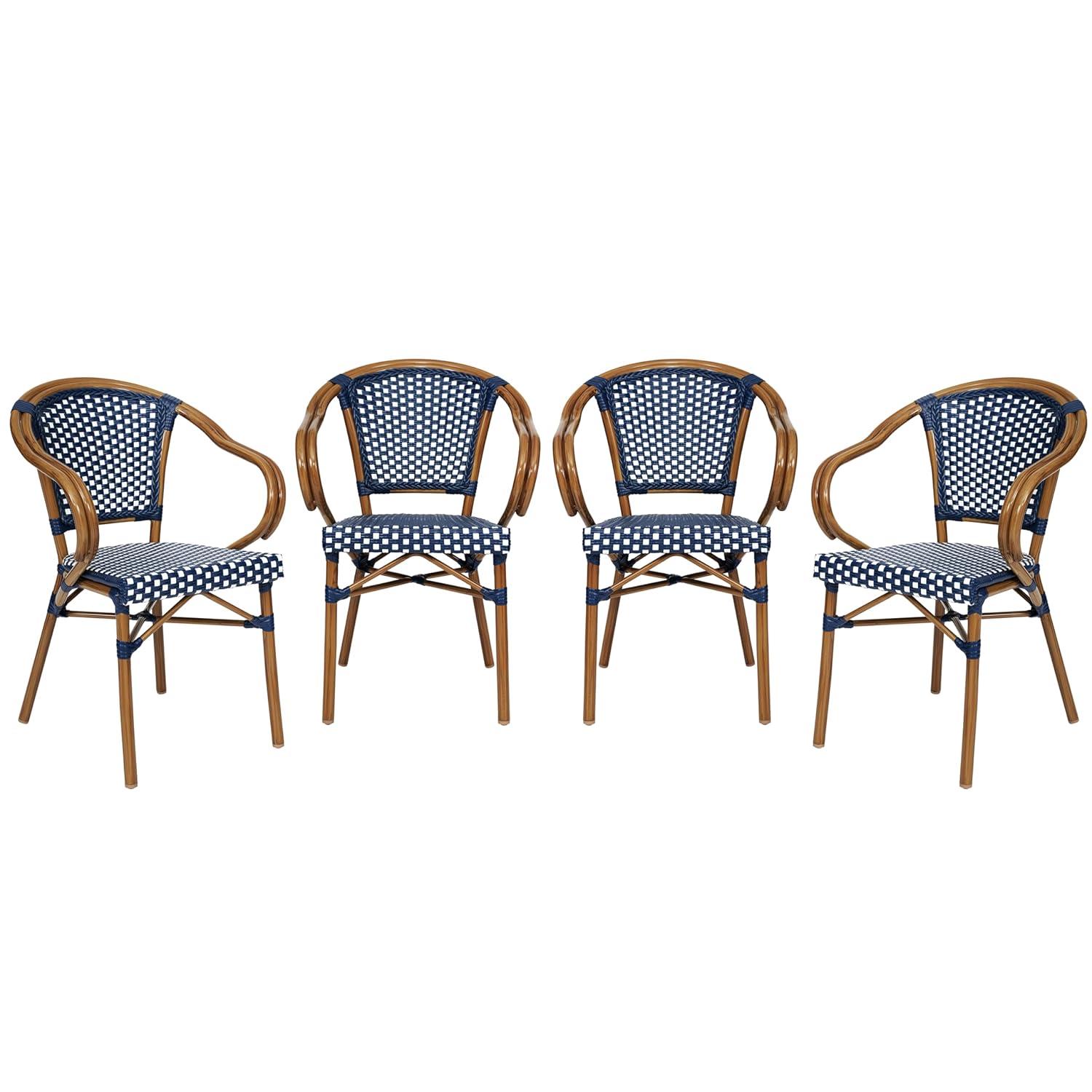Flash Furniture 4 PK Bordeaux Indoor/Outdoor Commercial Bistro Stacking Chair w/ Arms, Navy & White PE Rattan & Bamboo Print Aluminum Frame in Natural