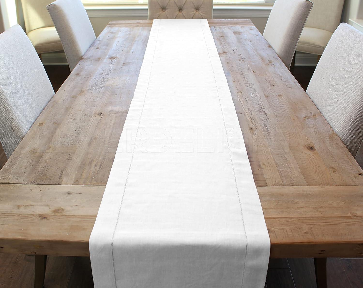 White Linen Cotton Blend Hemstitch Table Runner 16 x 72 Inch