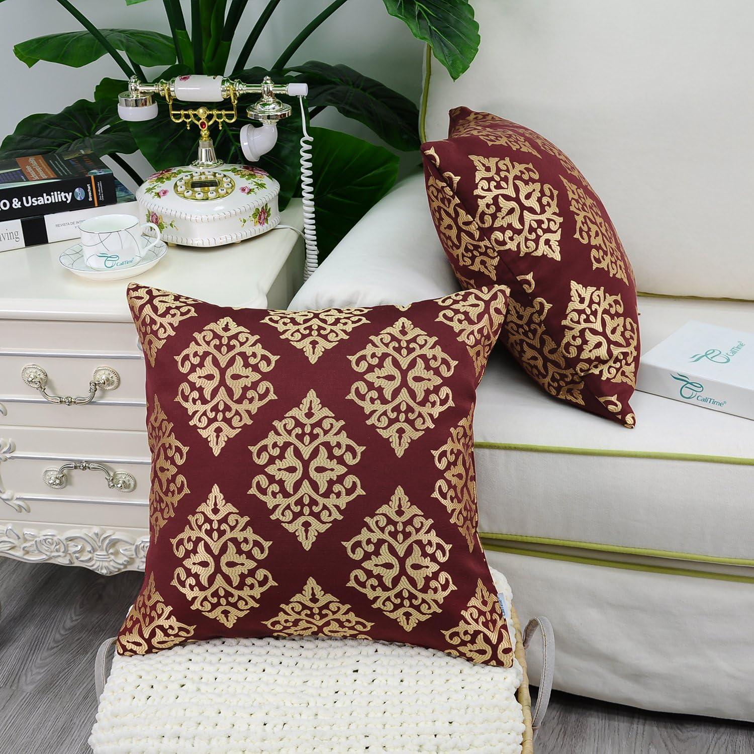 Pack of 2 Soft Jacquard Throw Pillow Covers Cases for Couch Sofa Home Decoration Vintage Diamond Shape Damask Floral 18 X 18 Inches Burgundy Gold