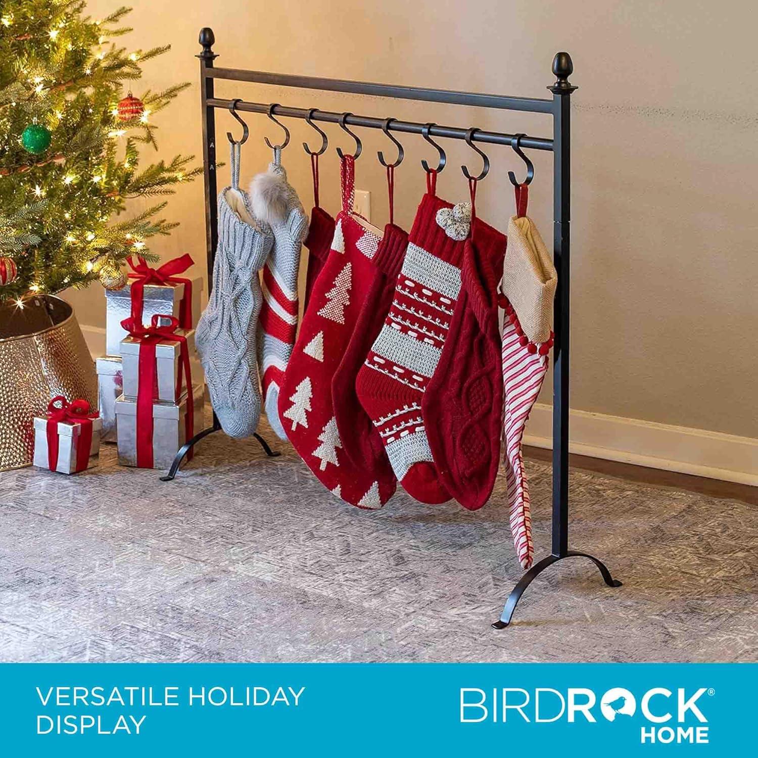 BIRDROCK HOME 8 Hook Christmas Stocking Holder Stand - Black