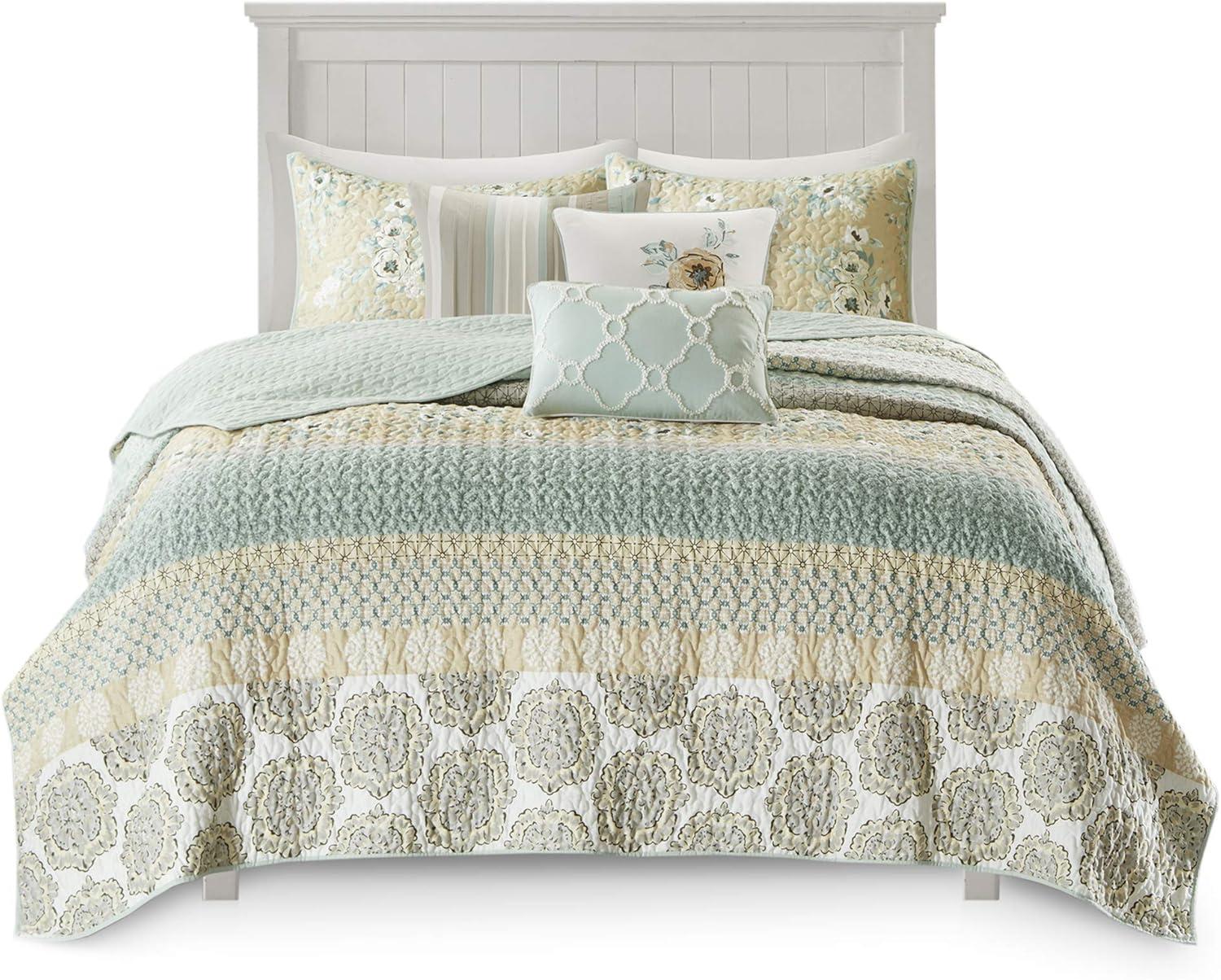 Boho-Chic Blue Cotton Reversible Quilt Set with Pillows