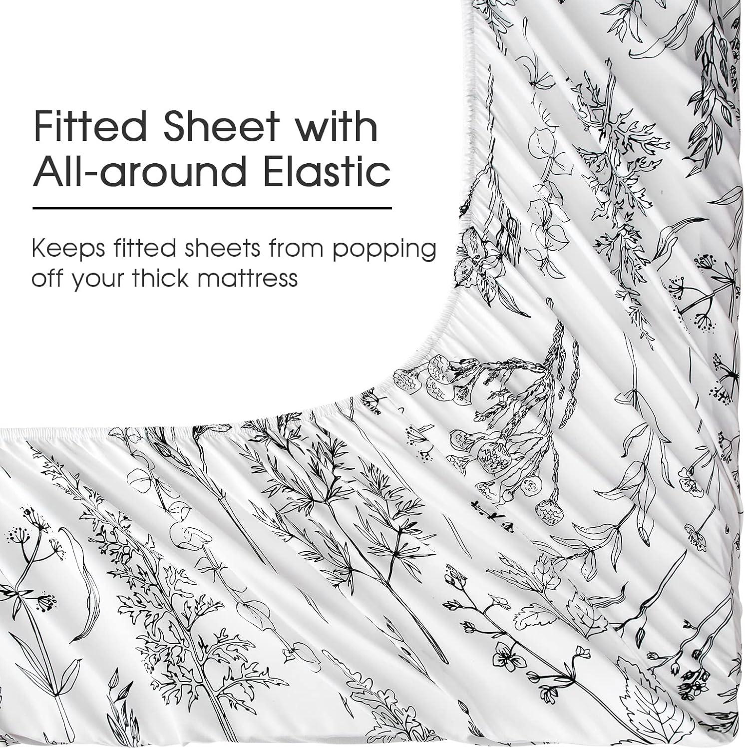 Black and White Floral Microfiber Queen Sheet Set with Deep Pockets