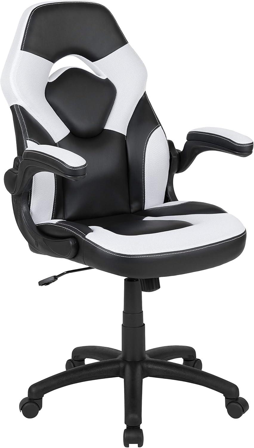 Flash Furniture X10 Gaming Chair, Racing Ergonomic Office Chair, Height Adjustable Swivel Computer Chair with Flip-Up Arms, White/Black LeatherSoft