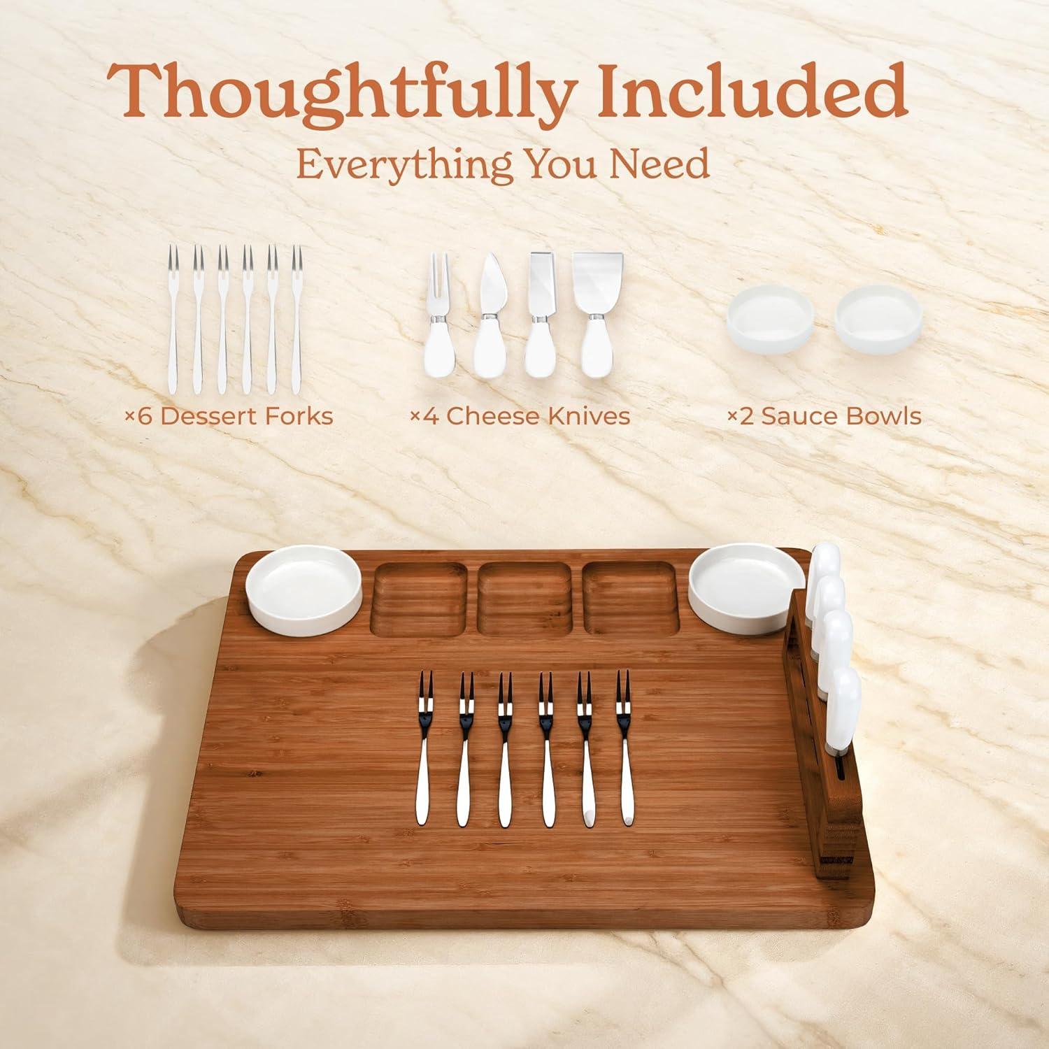 SMIRLY Charcuterie Board Set Large Bamboo Cheese Board with Fruit Tray & 2 Ceramic Bowls