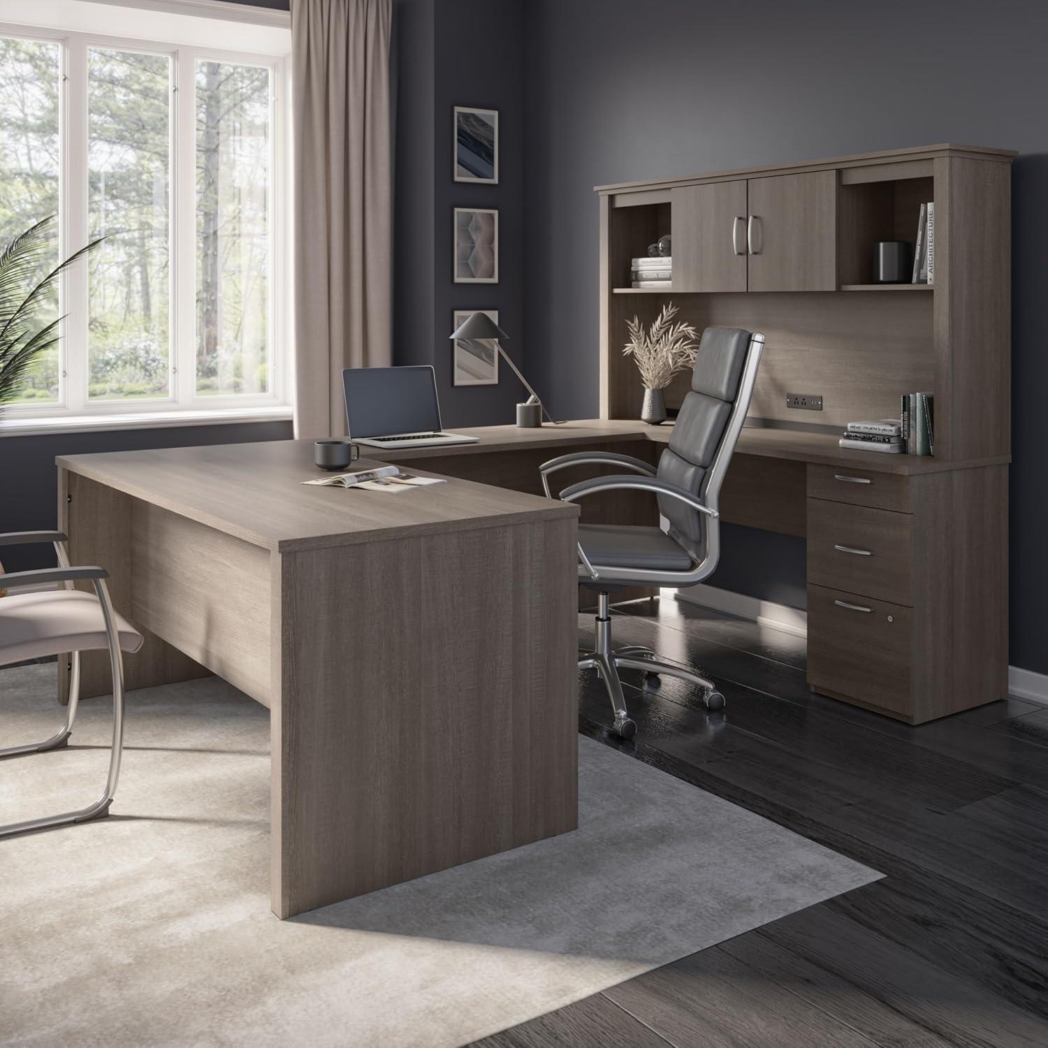 Bestar Logan 66W U or L-Shaped Executive Office Desk with Pedestal and Hutch in bark grey