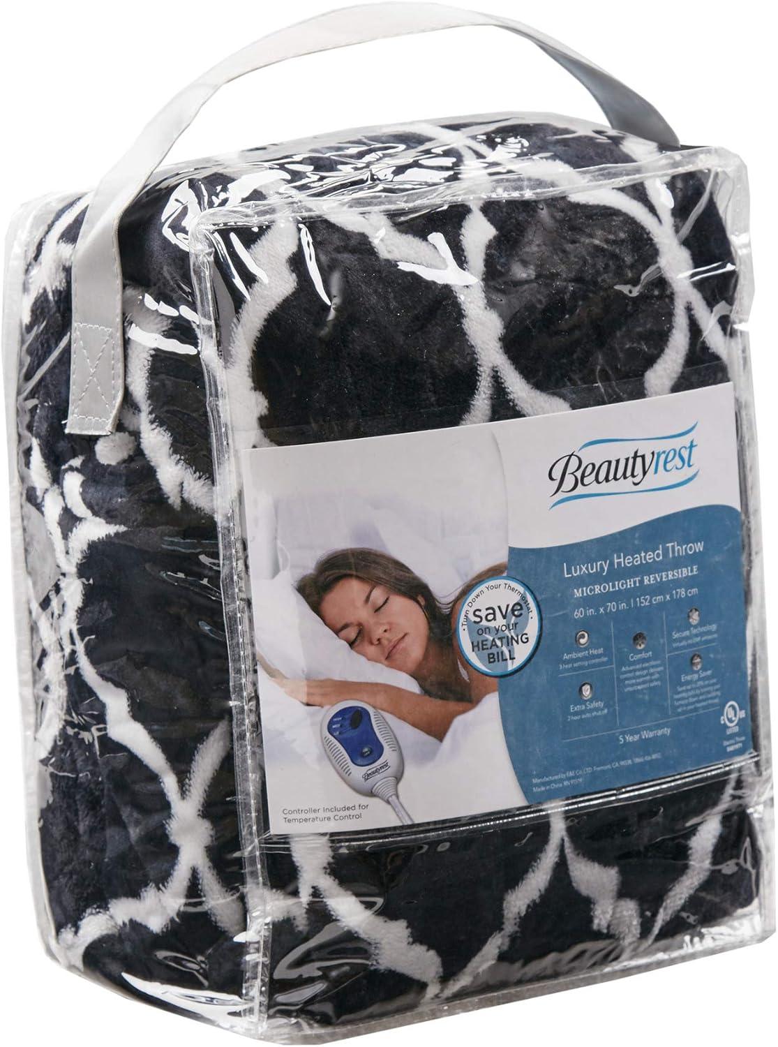 Beautyrest Ogee Printed Plush Electric Blanket for Cold Weather, Fast Heating, Auto Shut Off, Virtually Zero EMF, Multi Heat Setting, UL Certified, Machine Washable, Black Oversized Throw 60x70"