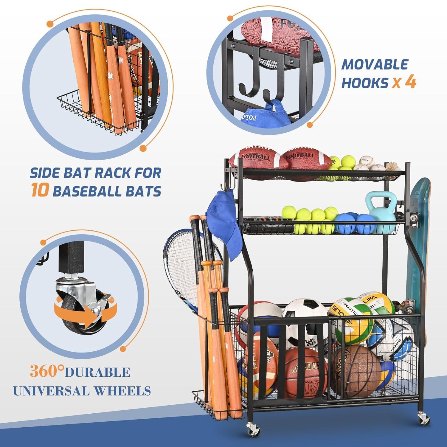 Mythinglogic Garage Storage System, Garage Organizer with Baskets and Hooks, Sports Equipment Organizer for Sports Gear/Toys,Garage Ball Storage