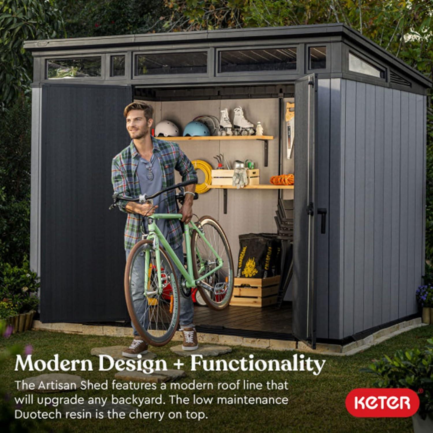 Keter Artisan 9x7 Foot Large Outdoor Shed & Floor w/Modern Design, Grey