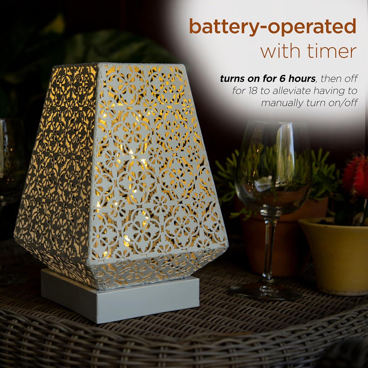 White Cordless LED Outdoor Lantern with Filigree Design