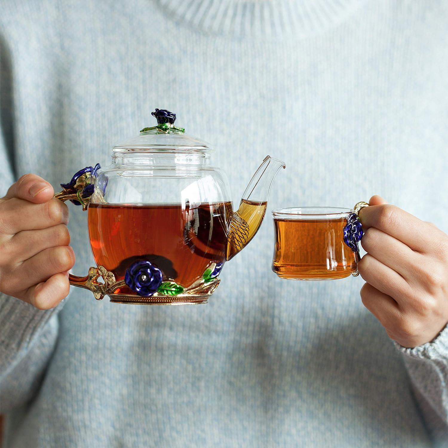 Elegant Floral Glass Tea Set with Butterfly and Rose Details