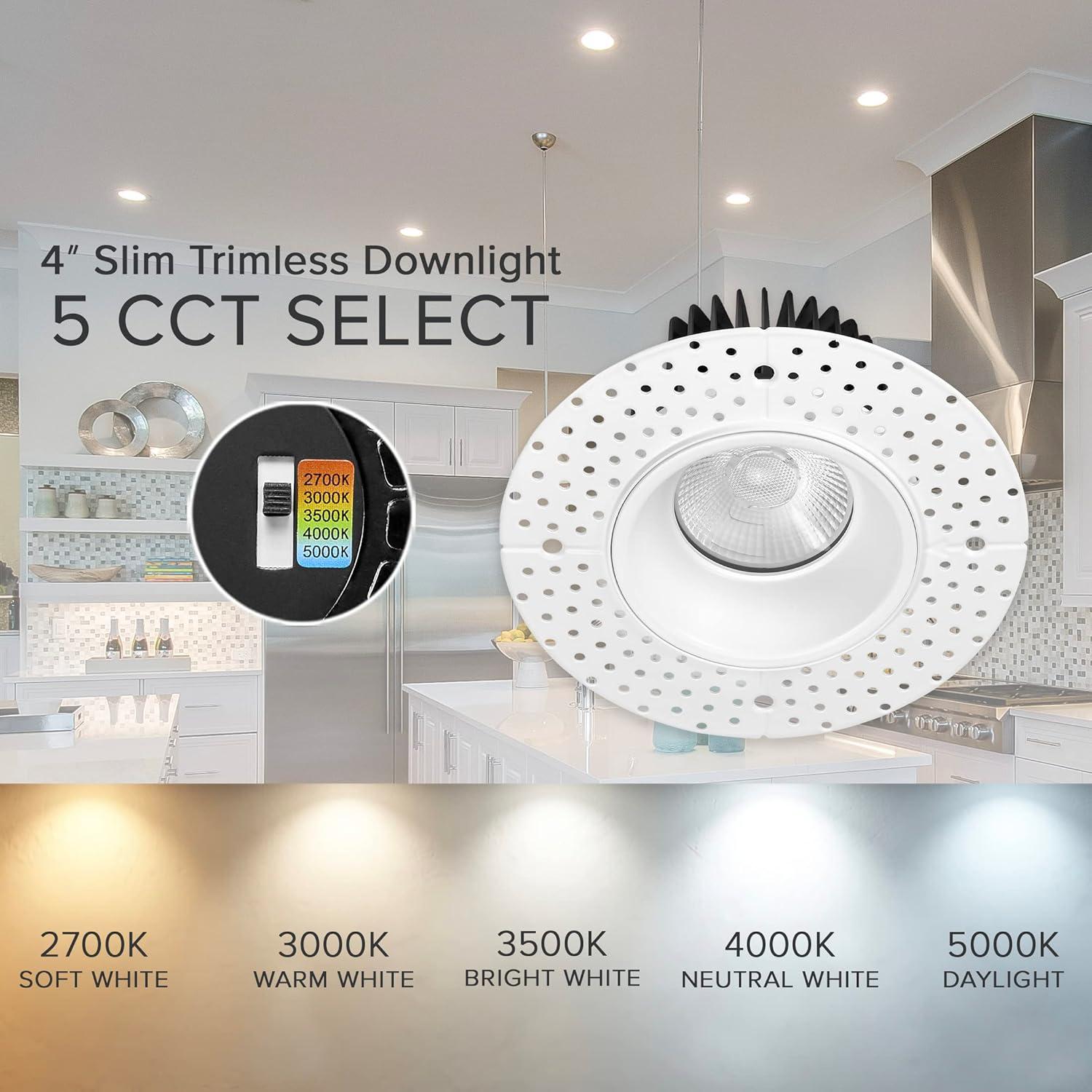 Maxxima 4 in. Trimless Ultra-Thin Recessed Anti-Glare LED Downlight Canless IC Rated 1000 Lumens 5 Color Temperature Selectable 2700K/3000K/3500K/4000K/5000K Dimmable 90 CRI 5 CCT Slim J-Box Included