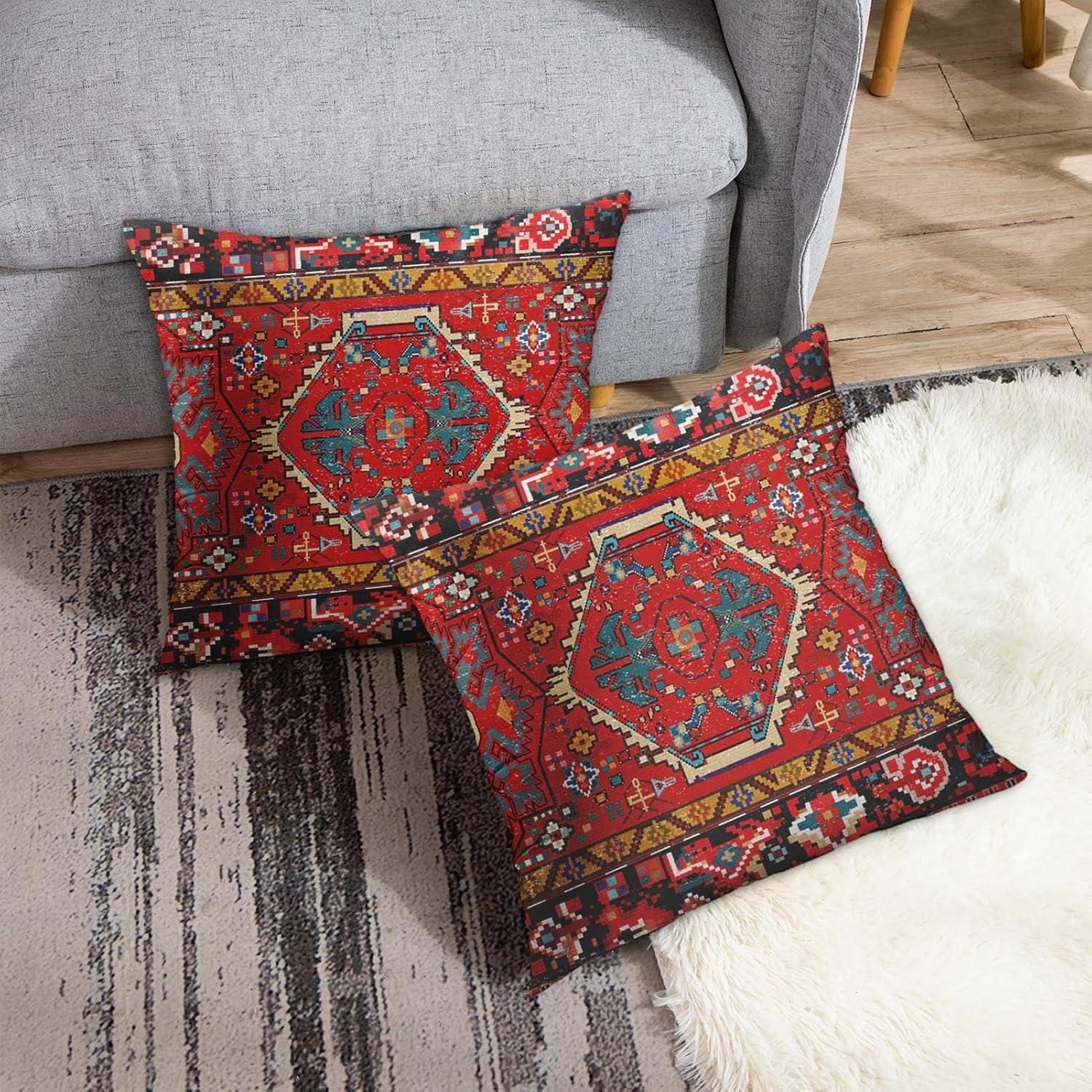 Throw Pillow Covers, Aztec Kilim Home Art Decor, 18 x 18 Inches Set of 2 Cushion Couch Sofa Cases, Abstract Oil Painting Pillowcases for Bedroom, Living Room, Ethnic Decorative, Red Tribal