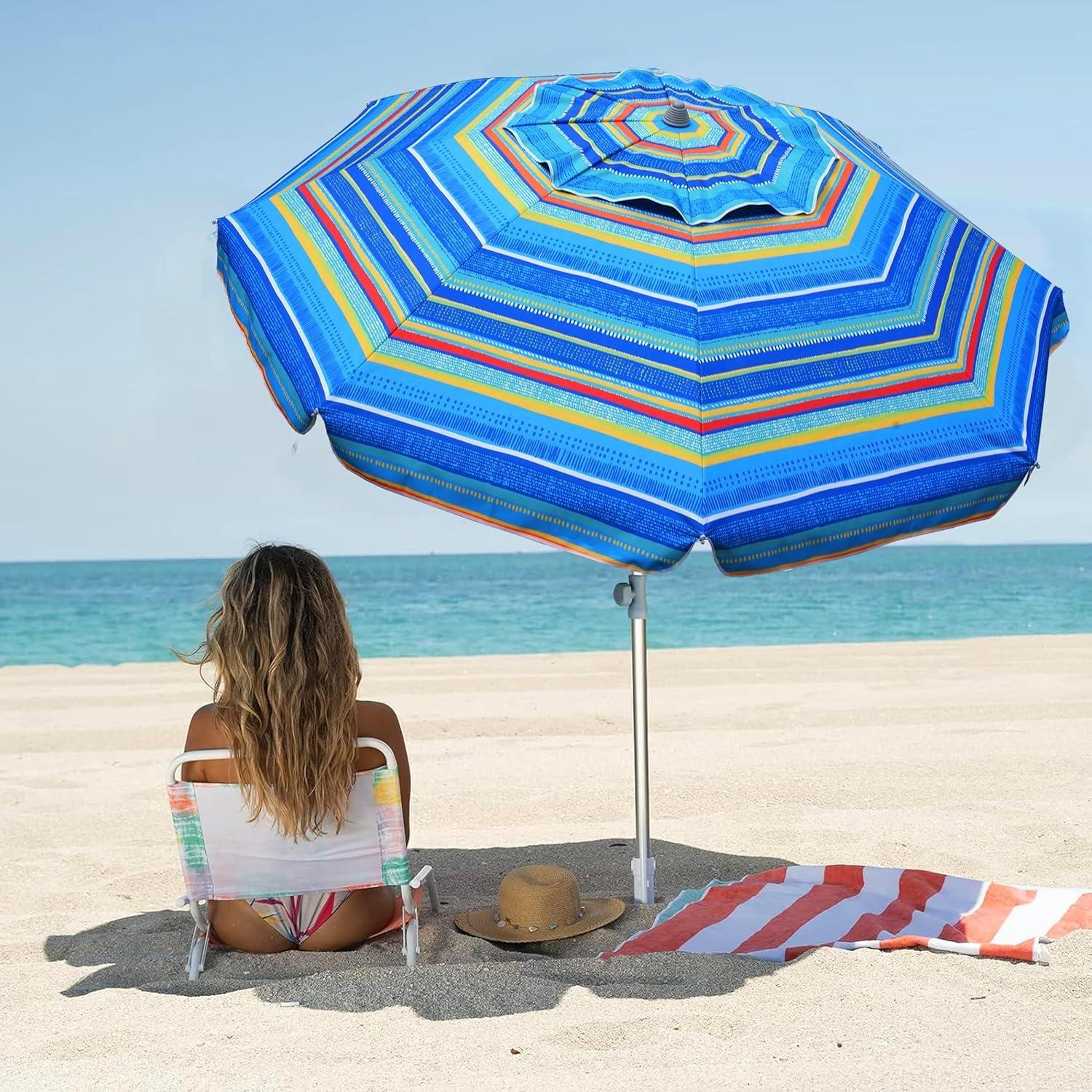 7ft Multicolor Blue Striped Beach Umbrella with Sand Anchor