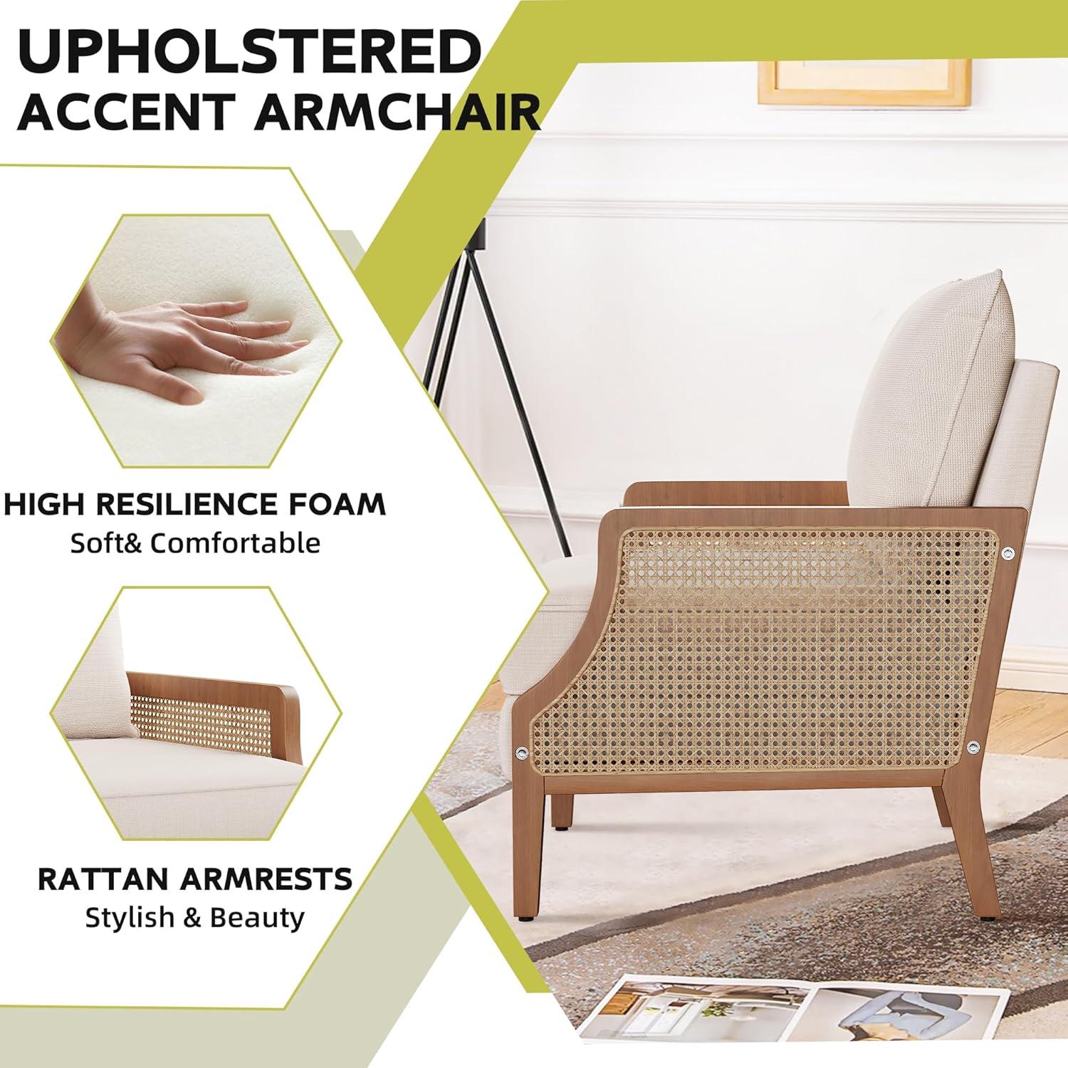 HAOBO Home Mid Century Modern Accent Chair Upholstered Living Room Chairs Armchair with Rattan Armrest Comfy Reading Chair with Wood Frame Lounge Side Chair with Waist Cushion