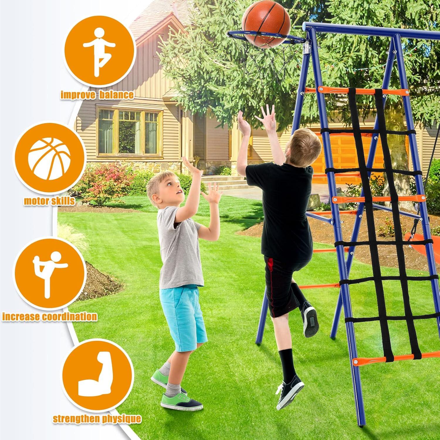 Heavy Duty Blue and Orange Metal Swing Set with Climbing Net