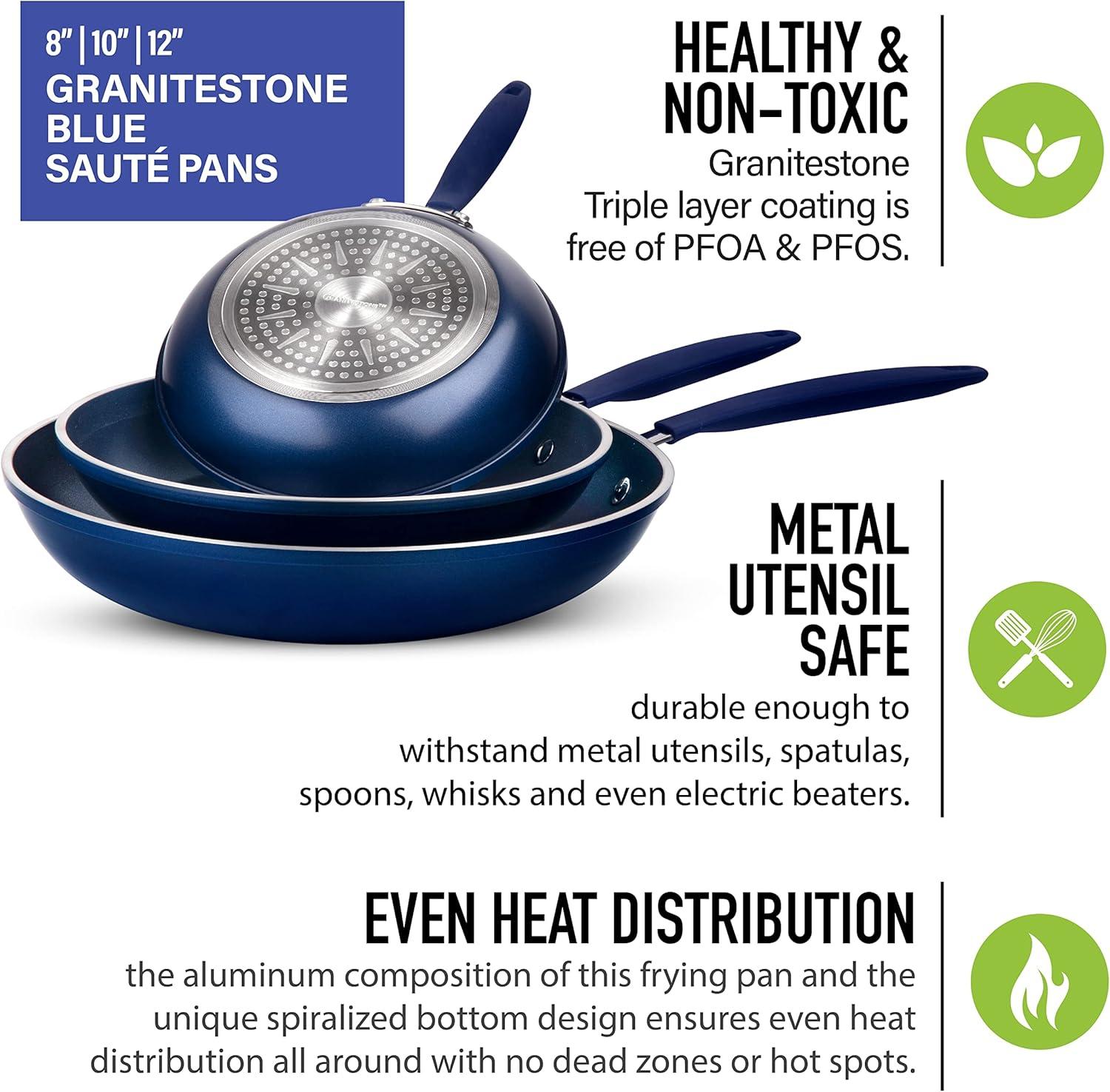 Granitestone Blue 3 Pack Nonstick Fry Pan Set with Rubber Grib Handle - 8'' 10'' and 12''