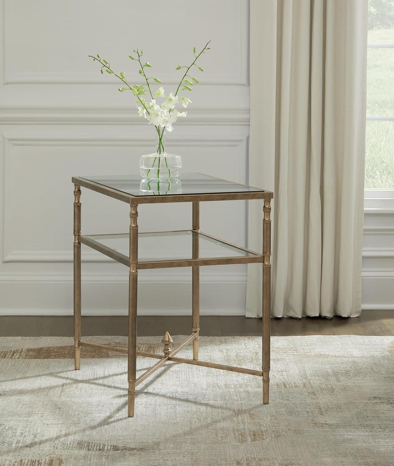 Gold Rectangular Glass and Metal End Table with Mirror Shelf