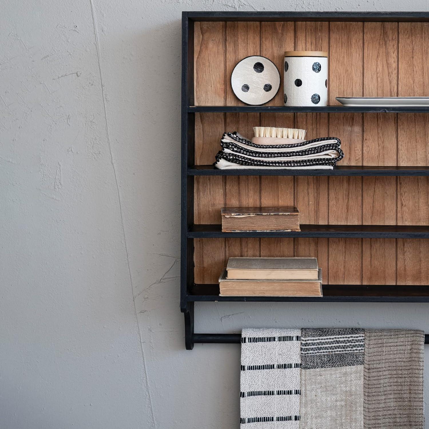 Black and Natural Wood Wall Shelf with Towel Rod