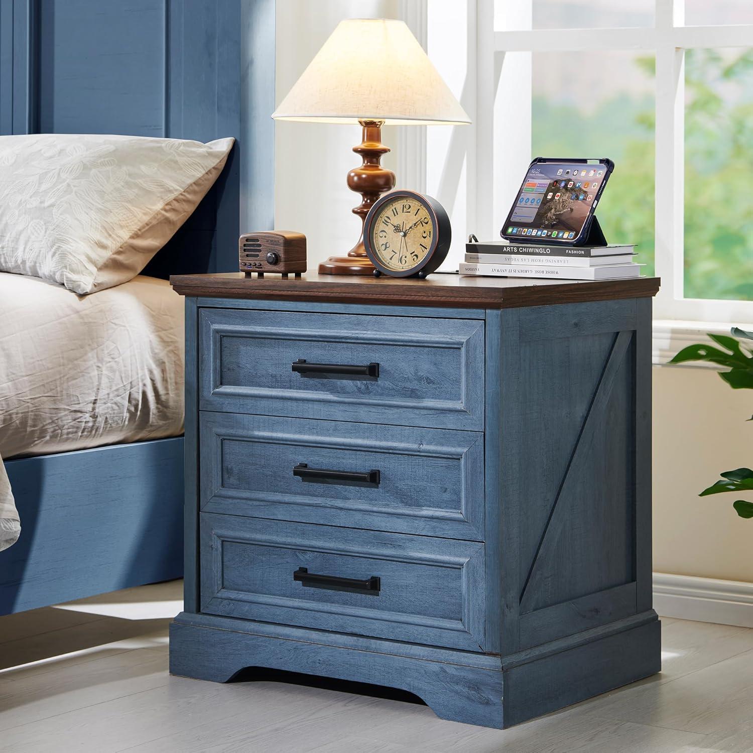 24" Wide Farmhouse Nightstand with Charging Station & 3 Drawers & Handles, End Table for Bedroom, Living Room