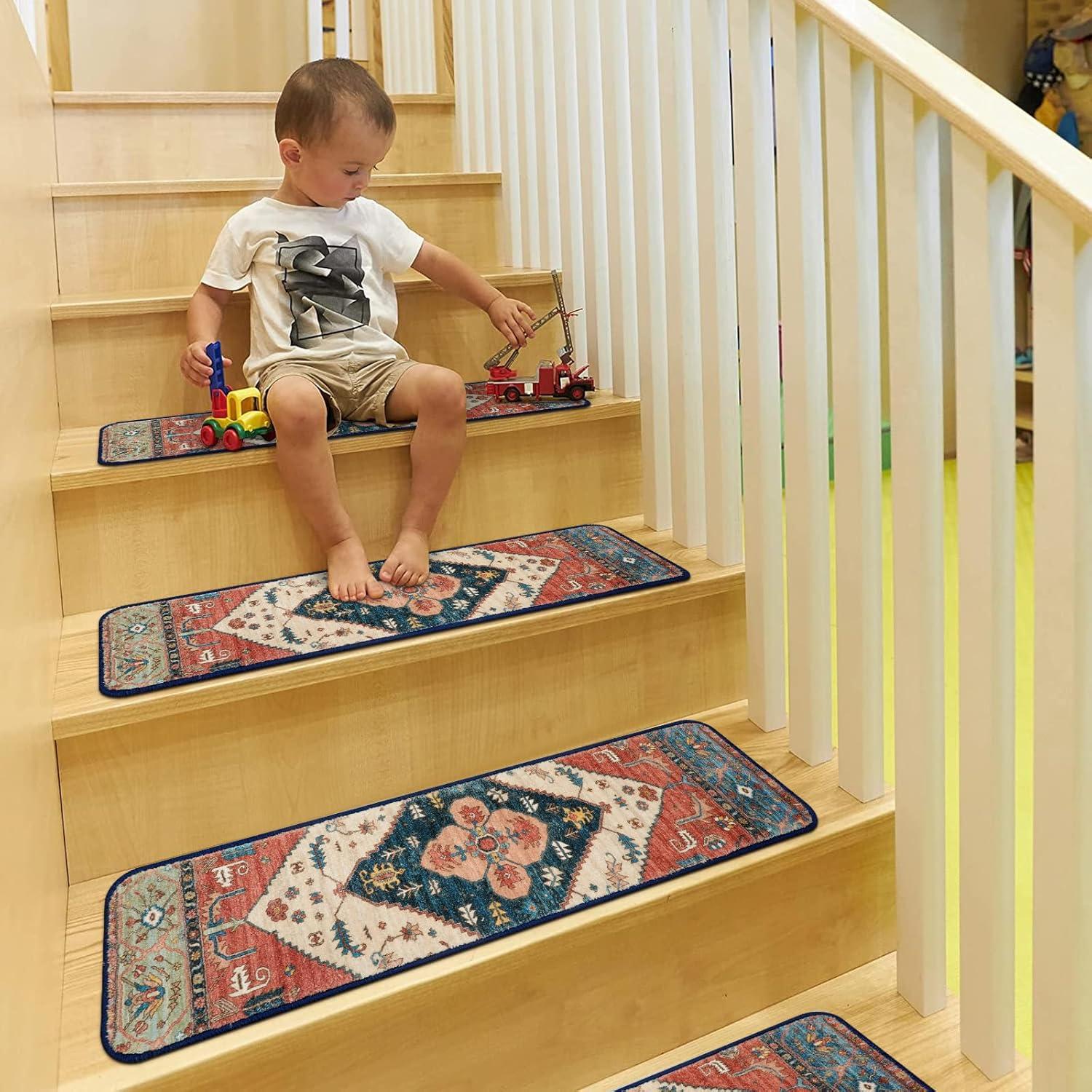 Bohemian Multicolor Non-Slip Stair Treads with Rubber Backing, Set of 15