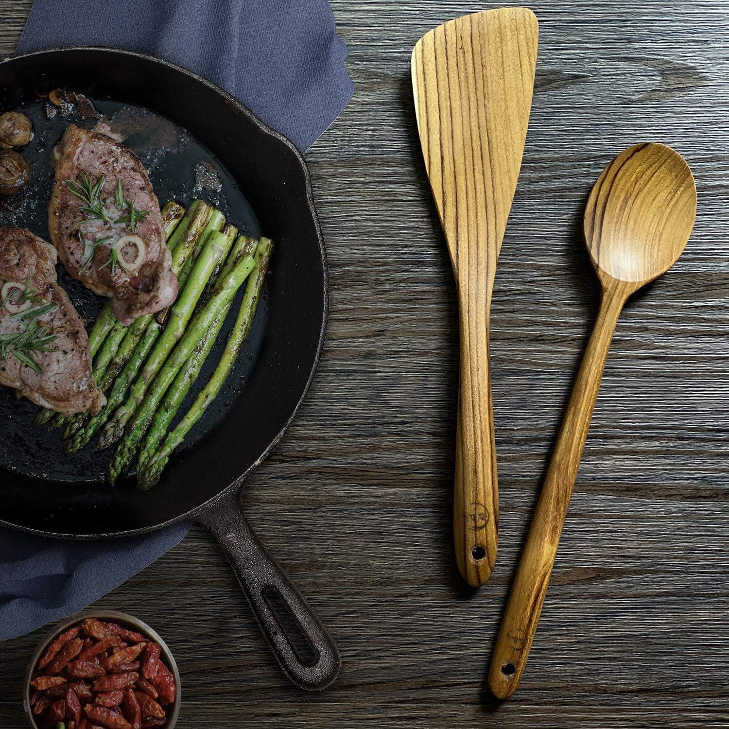 FAAY 12.5 Inch Wood Utensil Set (2 PCS), Teak Wooden Right Hand Spatula & Flat Spoon, 100% Natural from High Moist Resistance Teak Wood, Healthy Wooden Spoon Spatula for Non Stick Cookware