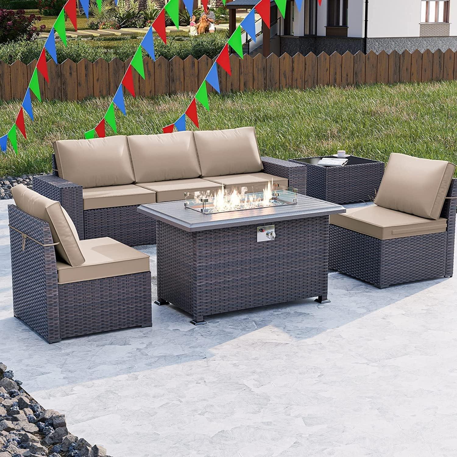 7-Piece Brown Wicker Patio Set with Sand Cushions and Fire Pit