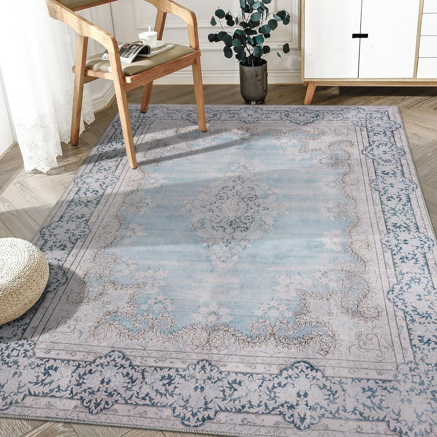 DECOMALL FEAONA Blue Oriental Machine Washable and Foldable Area Rug