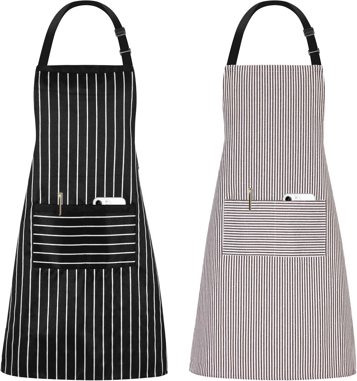 NLUS 2 Pack Cooking Aprons for Women Men with 2 Pockets, 29.5" x 26.8" (Black/Brown Stripes)