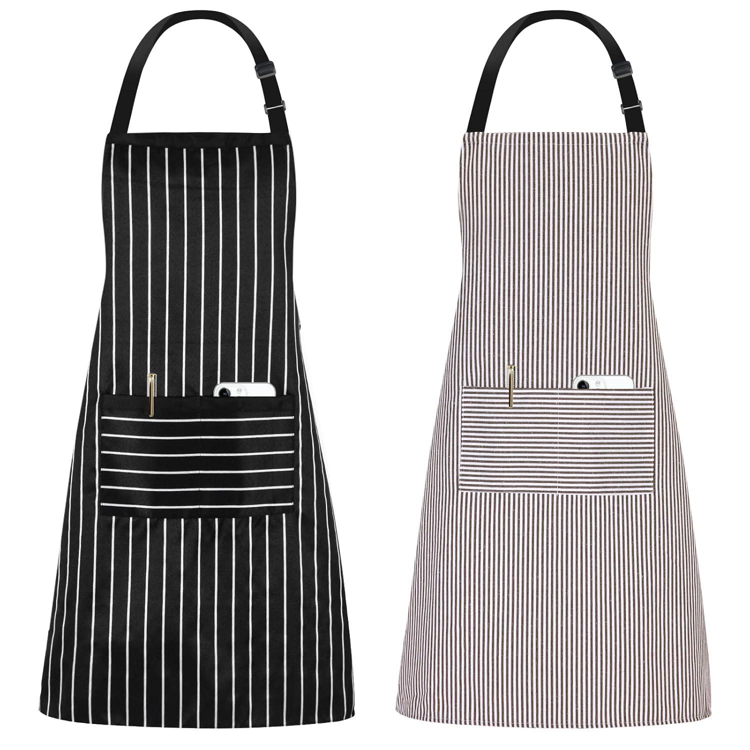 NLUS 2 Pack Cooking Aprons for Women Men with 2 Pockets, 29.5" x 26.8" (Black/Brown Stripes)