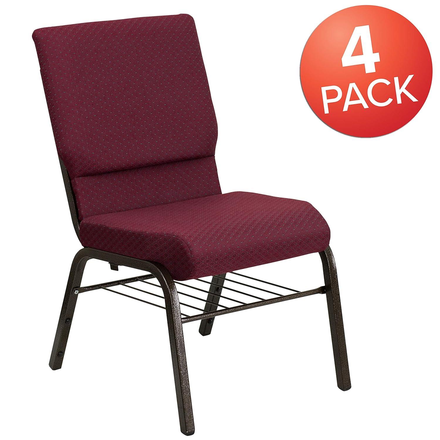 Burgundy Patterned Fabric Church Chairs with Gold Metal Frame, Set of 4