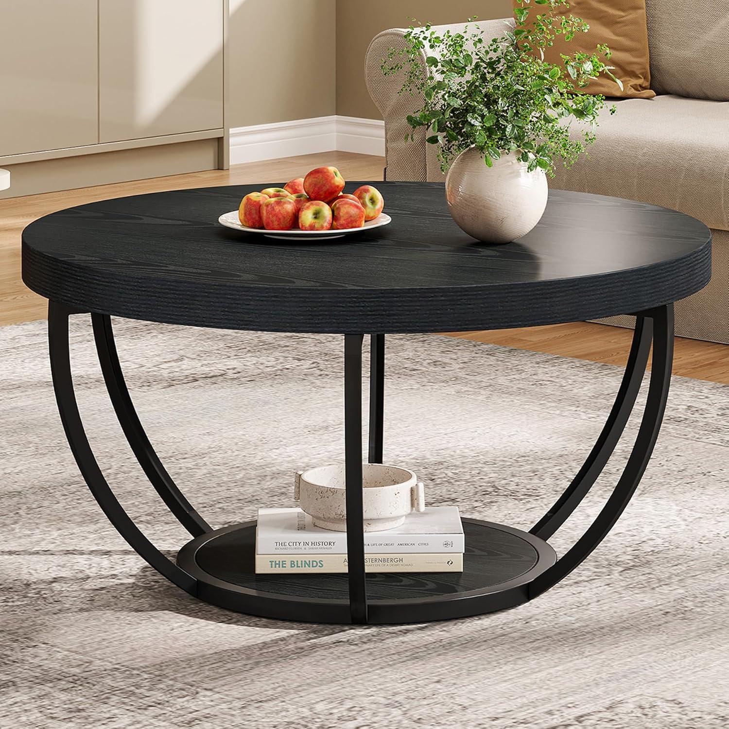 Kepooman Wooden Coffee Table, 2-Tier Round Central Cocktail Table with Shelves,White