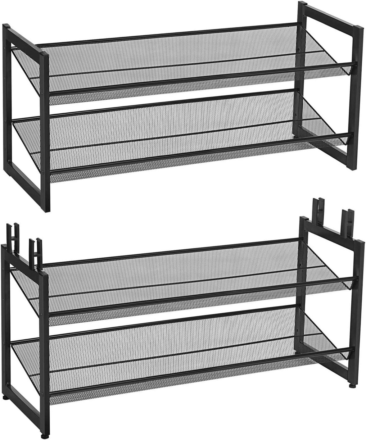 SONGMICS Shoe Rack, 2-Tier Shoe Organizer, Metal Shoe Storage for Garage, Stackable Shoe Shelf, with Adjustable Flat or Angled Shelves, 8-10 Pairs, Ink Black ULMR002B01