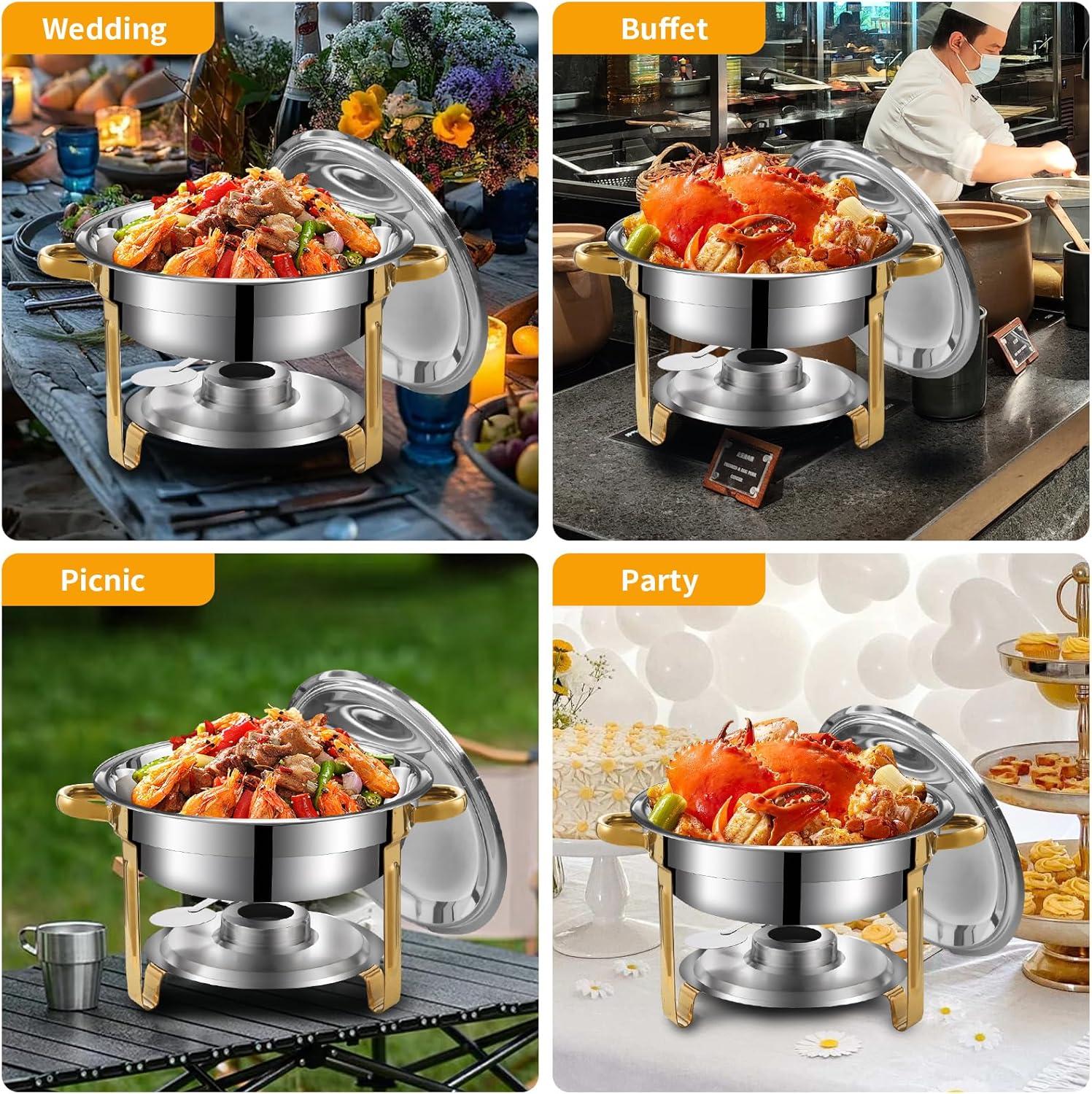 WhizMax Chafing Dish Buffet Set 2 Pack 5QT, Stainless Steel Round Chafing Dishes for Buffet with Lid Holder & Glass Lid, Gold
